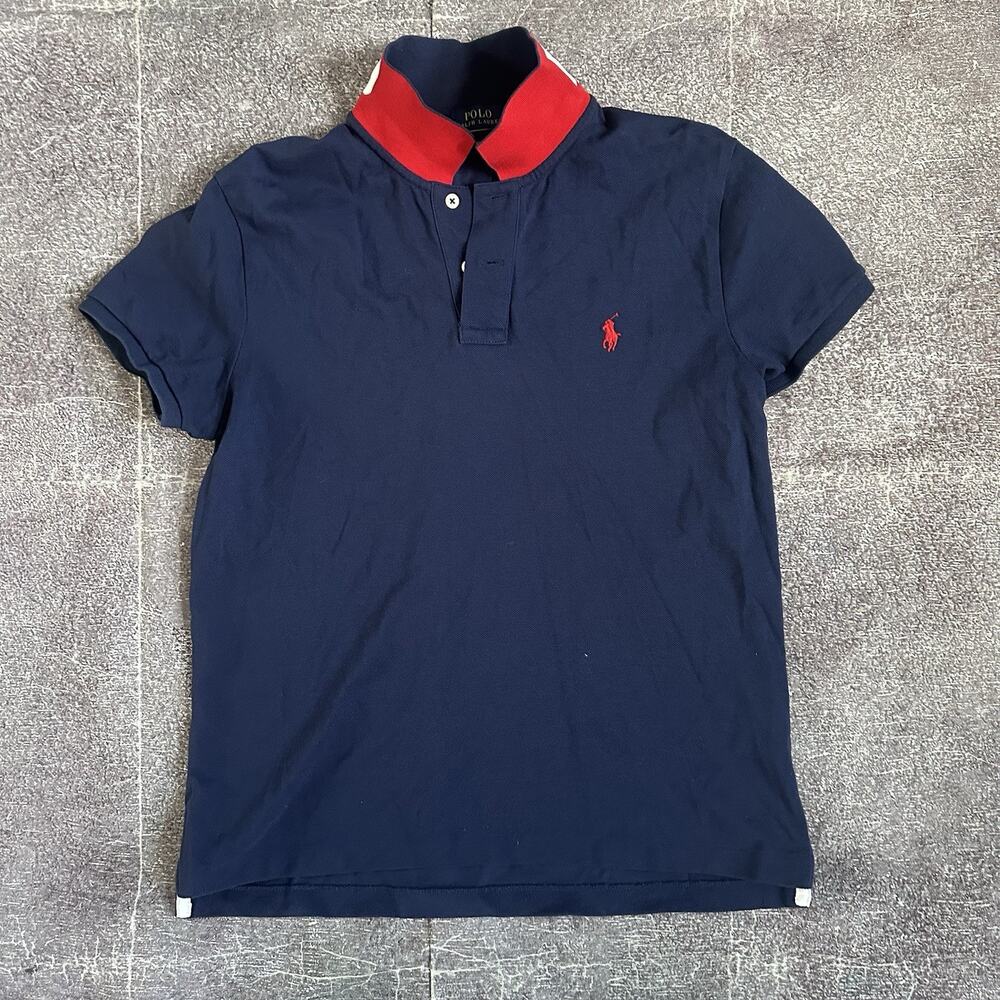 Women's Polo Ralph Lauren Classic Fit Navy Blue Red Logo Short Sleeve Polo Sz M